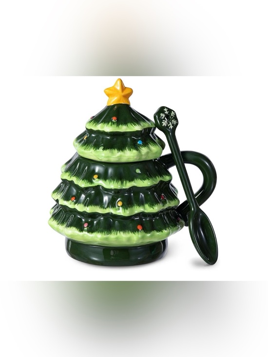 Other - Ceramic Christmas Tree Mug with Spoon - Green & Yellow